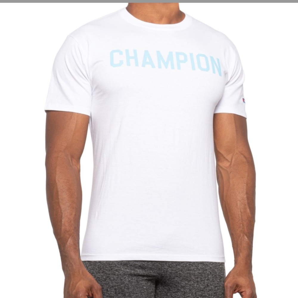 ⏰TODAY ONLY‼️🆕 Champion Block Script Jersey T-Shirt White & Light Blue